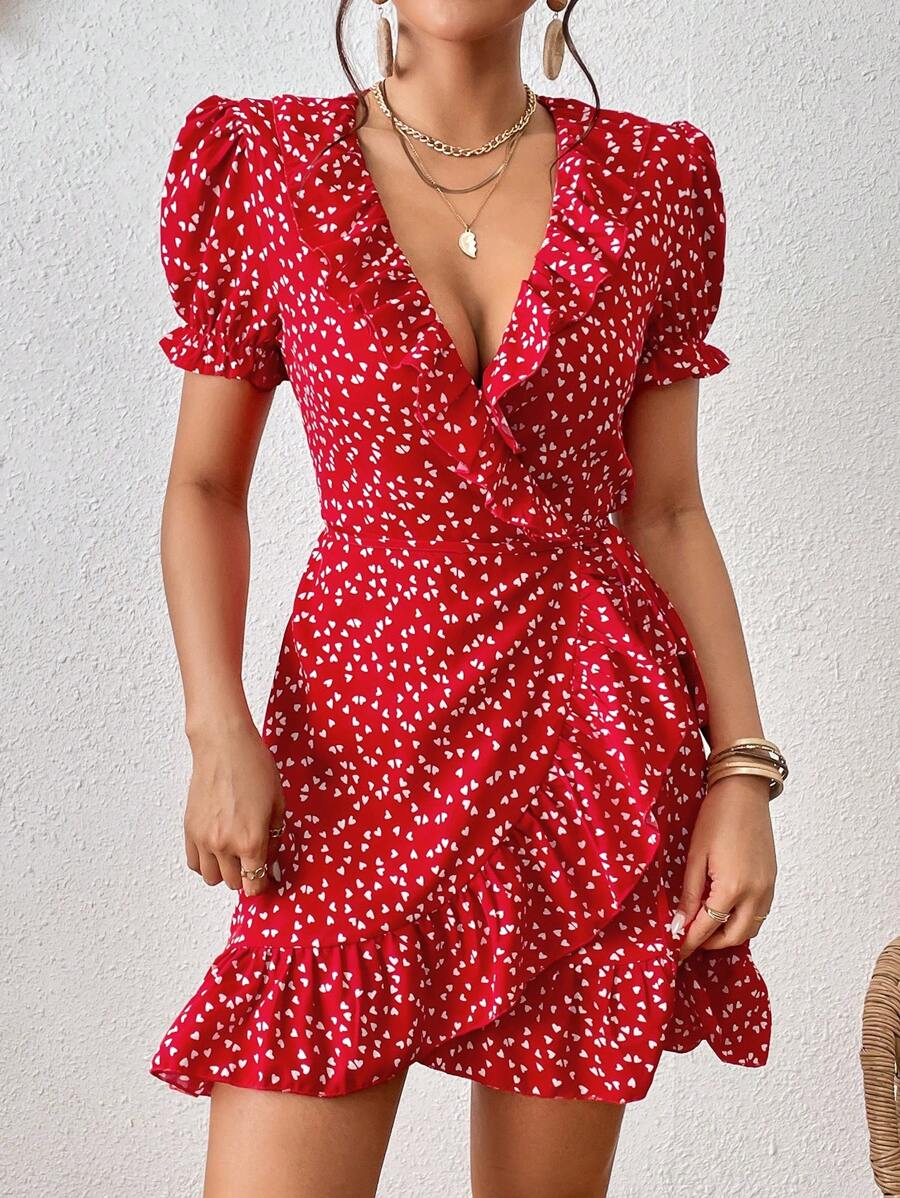 SHEIN VCAY Heart Print Ruffle Trim Wrap Knot Side Dress - Red - View 1
