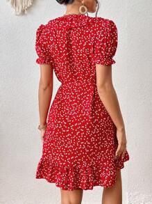 SHEIN VCAY Heart Print Ruffle Trim Wrap Knot Side Dress - Red - View 2