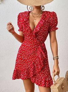 SHEIN VCAY Heart Print Ruffle Trim Wrap Knot Side Dress - Red - View 3