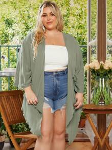 SHEIN CURVE+ Plus Batwing Sleeve Open Front Kimono - Mint Green - View 5