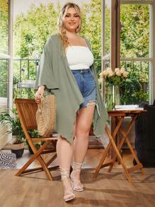 SHEIN CURVE+ Plus Batwing Sleeve Open Front Kimono - Mint Green - View 3