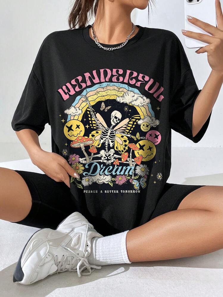 SHEIN EZwear Skull & Slogan Graphic Drop Shoulder Oversized Tee - Black - View 1