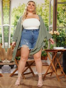 SHEIN CURVE+ Plus Batwing Sleeve Open Front Kimono - Mint Green - View 7