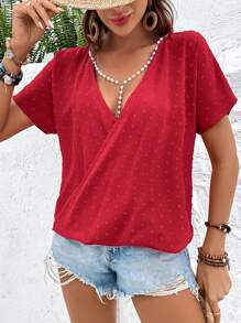 SHEIN VCAY 休閒珍珠 交叉純色女士襯衫 - 紅色 - 查看 1