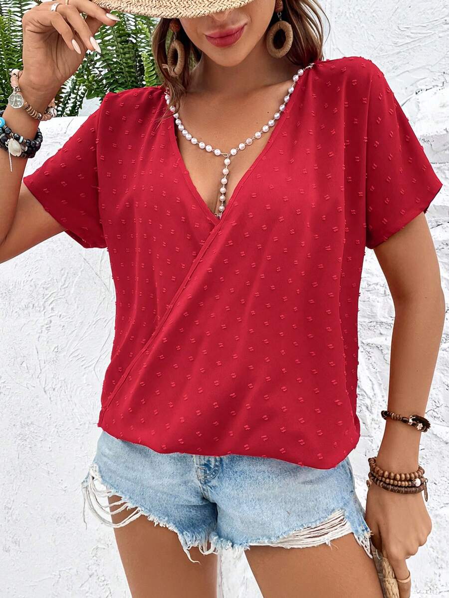 SHEIN VCAY 休閒珍珠 交叉純色女士襯衫 - 紅色 - 查看 1