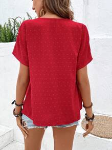 SHEIN VCAY 休閒珍珠 交叉純色女士襯衫 - 紅色 - 查看 2