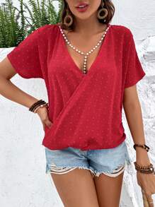 SHEIN VCAY 休閒珍珠 交叉純色女士襯衫 - 紅色 - 查看 3