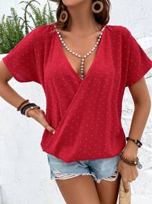 SHEIN VCAY 休閒珍珠 交叉純色女士襯衫 - 紅色 - 查看 5