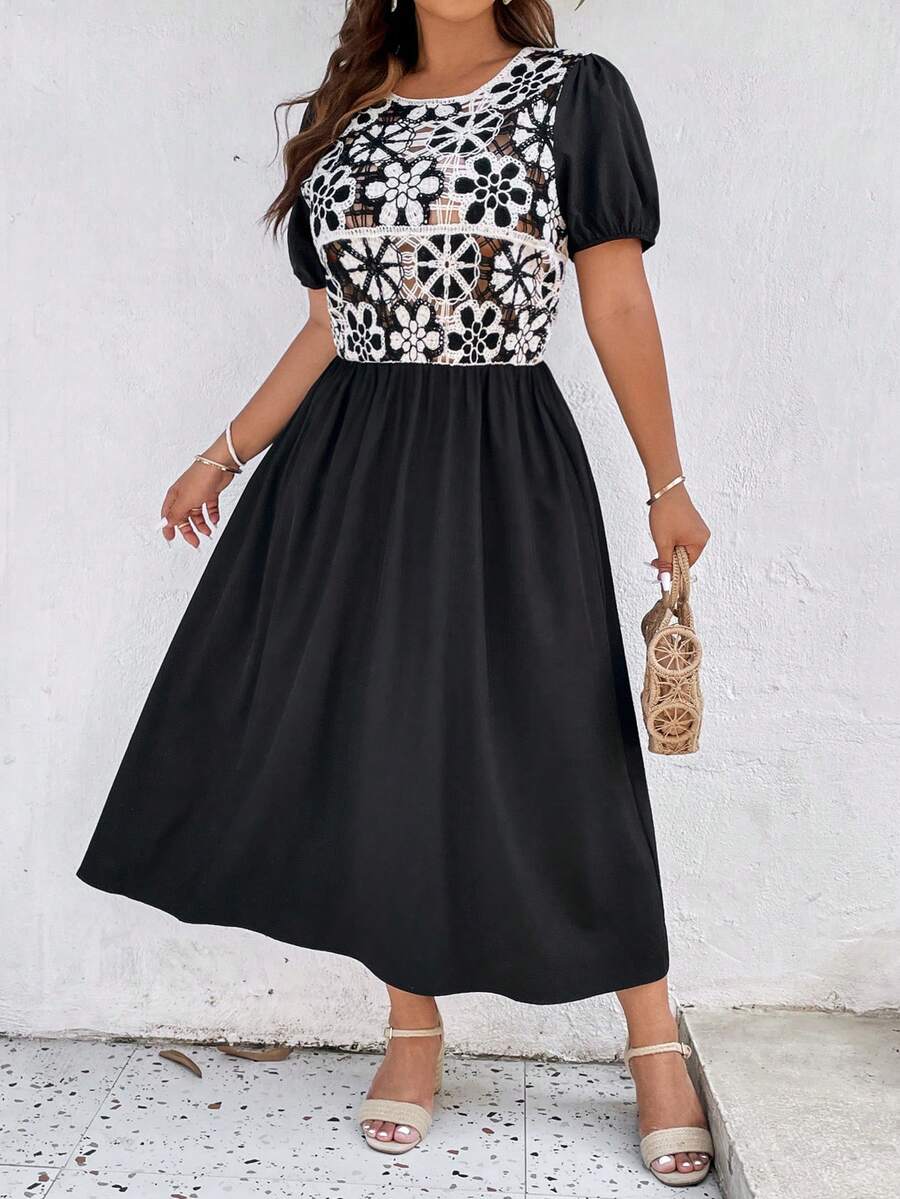 SHEIN Franclia 大碼印花泡泡袖連衣裙 - 黑色 - 查看 1