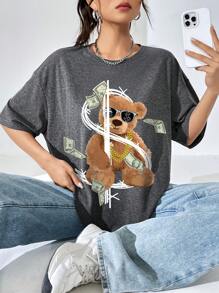 SHEIN EZwear 小熊印花落肩袖超大號T恤 - 深灰色 - 查看 1