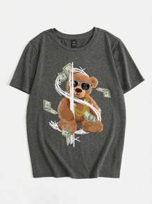 SHEIN EZwear 小熊印花落肩袖超大號T恤 - 深灰色 - 查看 3