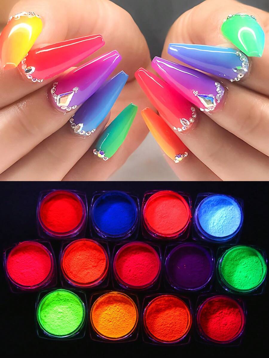 FULL BEAUTY 13 盒彩色闪光荧光霓虹指甲粉亮粉 - 彩色 - 查看 1