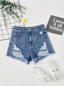 SHEIN 青少年女孩破洞毛邊牛仔短褲 - 中等水洗藍 - 查看 1