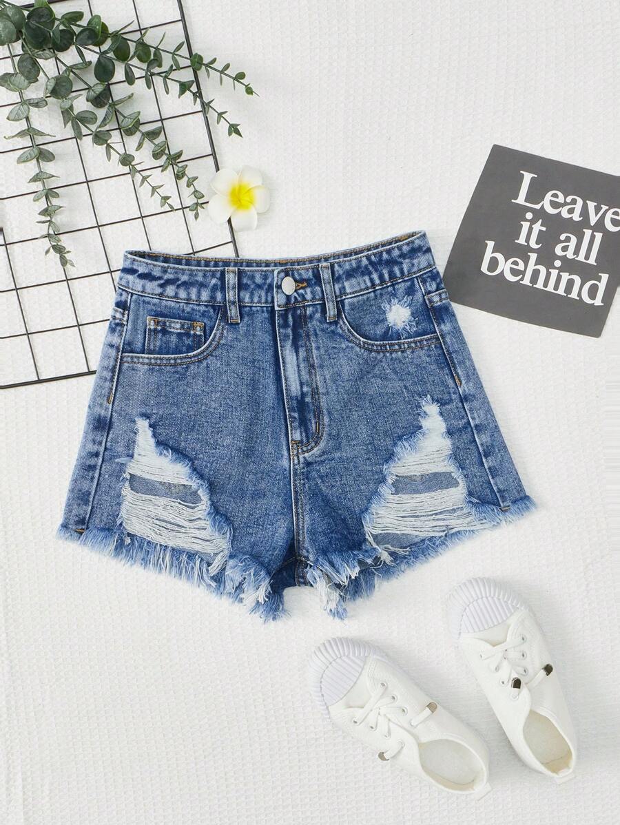 SHEIN 青少年女孩破洞毛邊牛仔短褲 - 中等水洗藍 - 查看 1