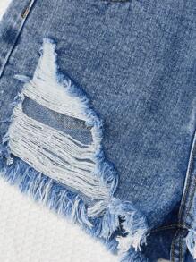 SHEIN 青少年女孩破洞毛邊牛仔短褲 - 中等水洗藍 - 查看 4