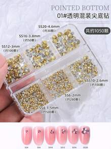 1盒混合尺寸清晰底尖形水鑽，用於歐美風格DIY指甲藝術裝飾，指甲水鑽裝飾形狀，指甲水鑽假指甲裝飾配件，指甲魅力，指甲用品，指甲寶石 - 無色 - 查看 1