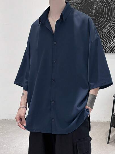 Camicia oversize da uomo con bottoni, di colore unito, senza spalline, autunnale