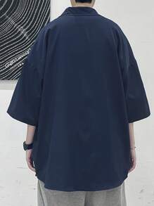 Claim Dot Manfinity Homme 男士短袖鈕扣襯衫，海軍藍夏季大尺寸城市度假休閒街頭風寬鬆版型翻領上衣，日常正式襯衫 - 藏蓝色 - 查看 2