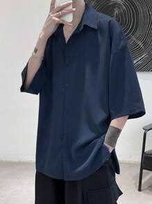Claim Dot Manfinity Homme 男士短袖鈕扣襯衫，海軍藍夏季大尺寸城市度假休閒街頭風寬鬆版型翻領上衣，日常正式襯衫 - 藏蓝色 - 查看 3