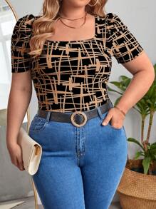 SHEIN Clasi Plus Geo Print 方领泡泡袖 T 恤，夏季 - 棕色 - 查看 1