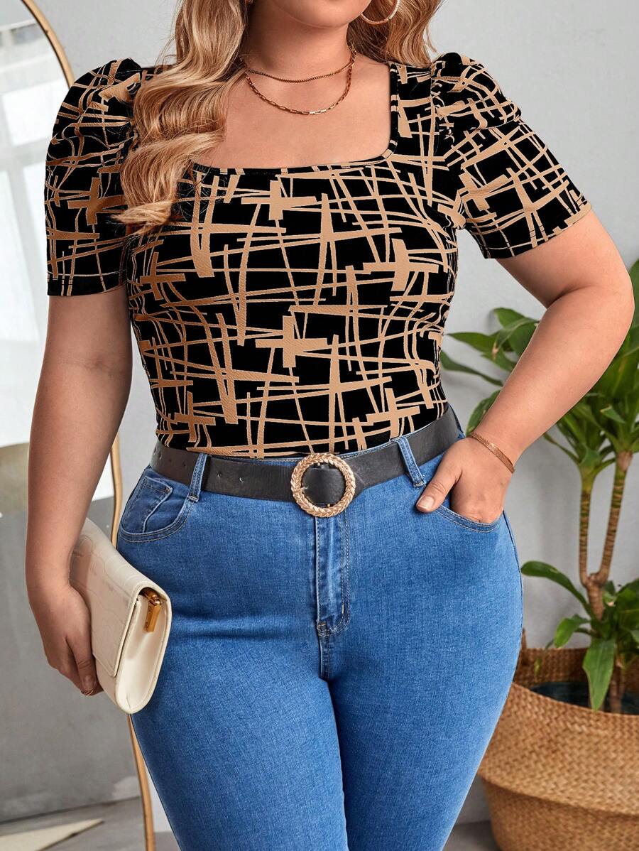 SHEIN Clasi Plus Geo Print 方领泡泡袖 T 恤，夏季 - 棕色 - 查看 1