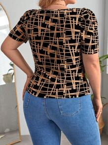 SHEIN Clasi Plus Geo Print 方领泡泡袖 T 恤，夏季 - 棕色 - 查看 2