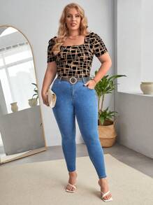 SHEIN Clasi Plus Geo Print 方领泡泡袖 T 恤，夏季 - 棕色 - 查看 5