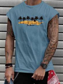 Manfinity RSRT 寬鬆版型男士熱帶印花背心 - 藍色 - 查看 1