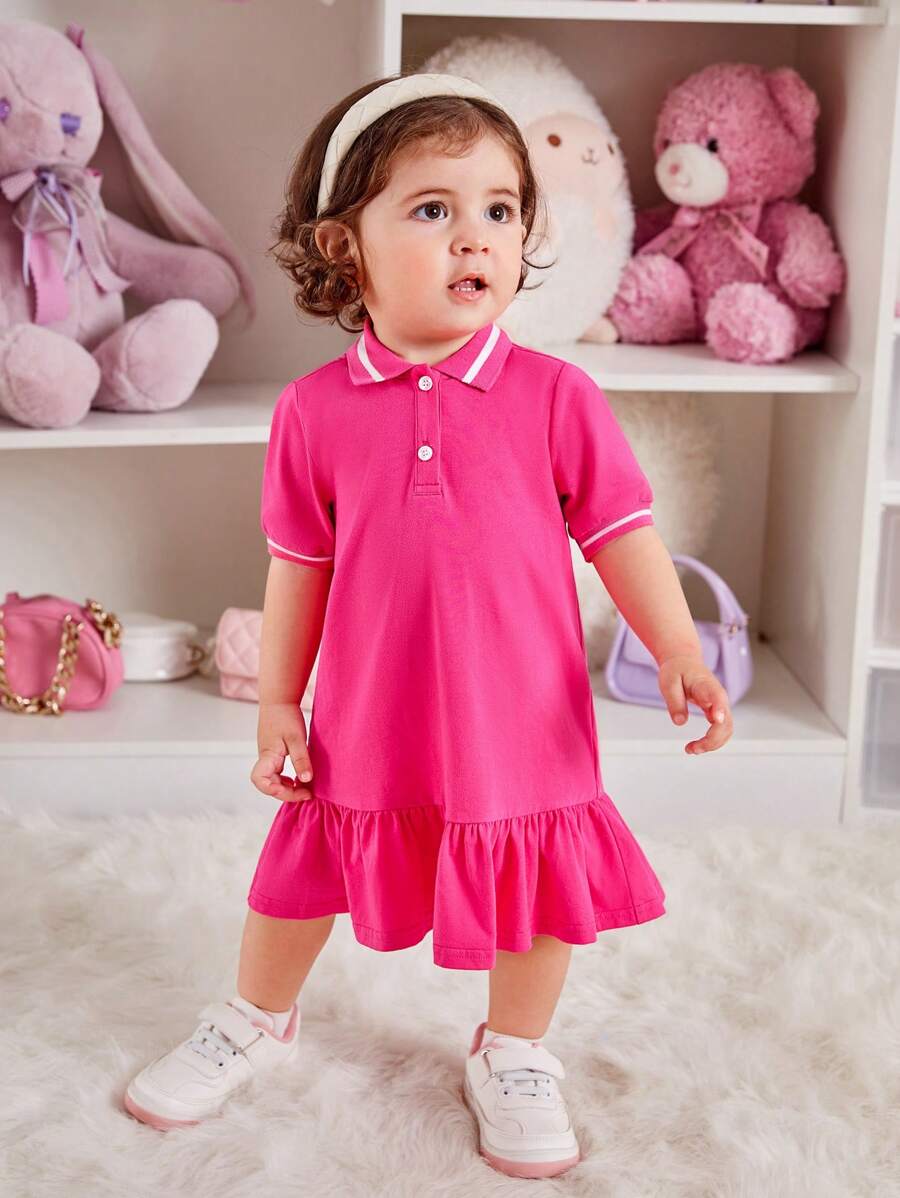 SHEIN Baby Girl Striped Trim Polo Neck Ruffle Hem Dress - Hot Pink - View 1