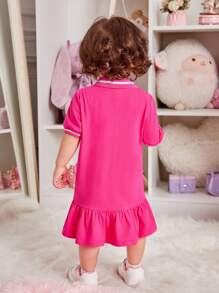 SHEIN Baby Girl Striped Trim Polo Neck Ruffle Hem Dress - Hot Pink - View 2