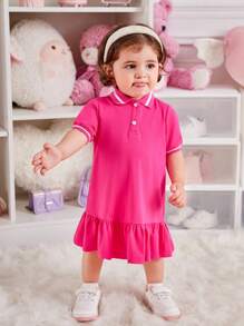 SHEIN Baby Girl Striped Trim Polo Neck Ruffle Hem Dress - Hot Pink - View 3