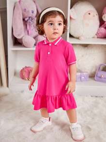 SHEIN Baby Girl Striped Trim Polo Neck Ruffle Hem Dress - Hot Pink - View 4