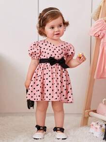 SHEIN Vestido de lunares para niña con mangas farol, dobladillo ondulado suelto, escote en V y cinturón con lazo para una fiesta preciosa