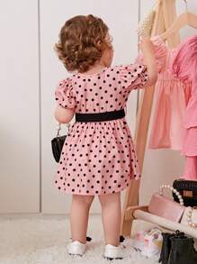 SHEIN Vestido de lunares para niña con mangas farol, dobladillo ondulado suelto, escote en V y cinturón con lazo para una fiesta preciosa