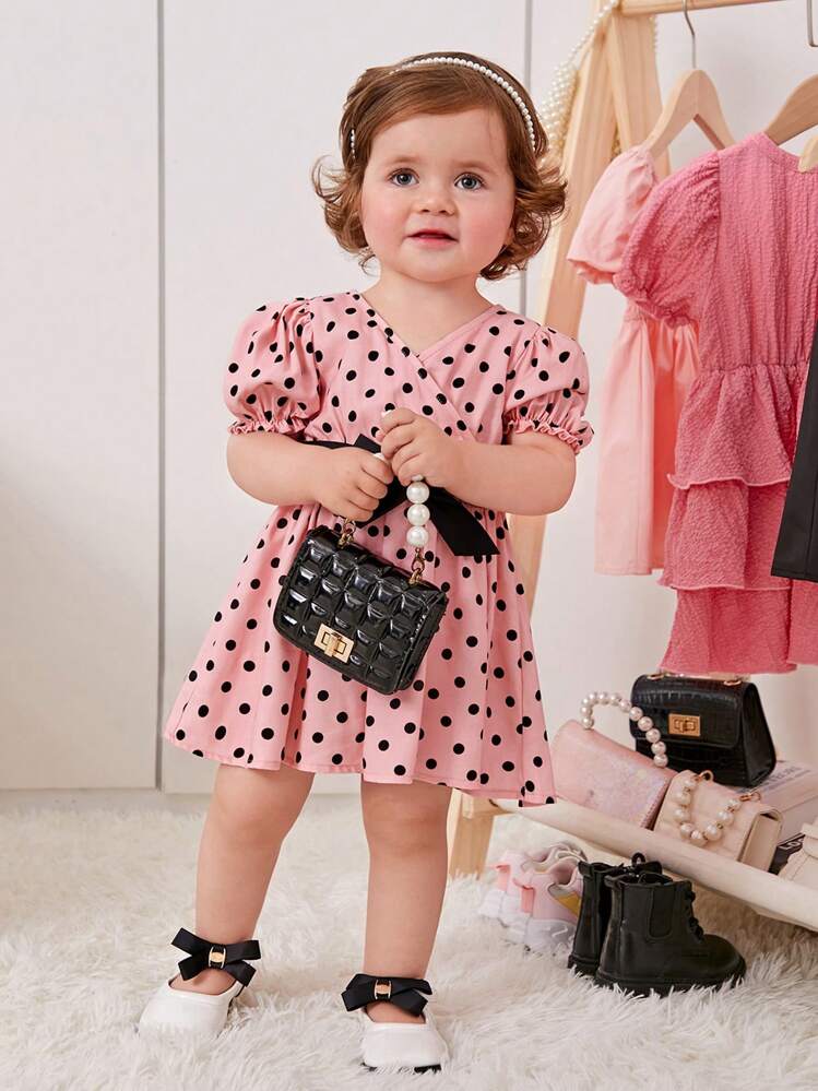 SHEIN 嬰兒波點圖案泡泡袖繫腰帶連衣裙 - 彩色 - 查看 4