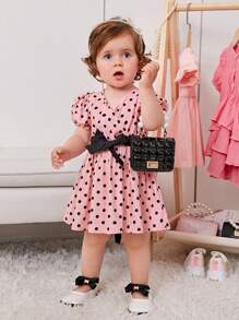 SHEIN Vestido de lunares para niña con mangas farol, dobladillo ondulado suelto, escote en V y cinturón con lazo para una fiesta preciosa