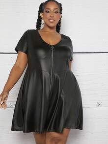 SHEIN CURVE+ Plus Zip Up PU Leather Dress - Black - View 3