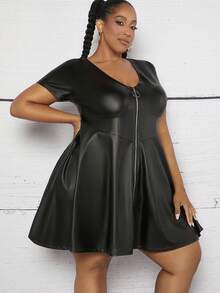 SHEIN CURVE+ Plus Zip Up PU Leather Dress - Black - View 4