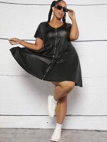 SHEIN CURVE+ Plus Zip Up PU Leather Dress - Black - View 5