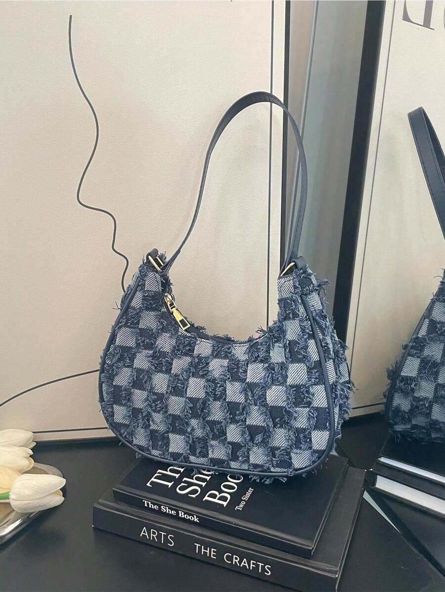 Túi Hobo Denim Họa Tiết Ca Rô Thiết Kế Đường Viền Thô Di Động, Đa Chức Năng, Sức Chứa Lớn Thường Ngày Công Sở Trường Trung Học, Kinh Doanh, Làm Việc, Du Lịch, Kỳ Nghỉ Dành Cho Quý Cô, Dành Cho Phụ Nữ, Dành Cho Nữ, Thời Trang Công Sở, Thời Trang, Túi Tote Da Tối Giản, Ví Jean Cổ Điển Dành Cho Phụ Nữ - Màu xanh hải quân - Xem 1