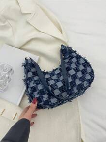 Túi Hobo Denim Họa Tiết Ca Rô Thiết Kế Đường Viền Thô Di Động, Đa Chức Năng, Sức Chứa Lớn Thường Ngày Công Sở Trường Trung Học, Kinh Doanh, Làm Việc, Du Lịch, Kỳ Nghỉ Dành Cho Quý Cô, Dành Cho Phụ Nữ, Dành Cho Nữ, Thời Trang Công Sở, Thời Trang, Túi Tote Da Tối Giản, Ví Jean Cổ Điển Dành Cho Phụ Nữ - Màu xanh hải quân - Xem 2