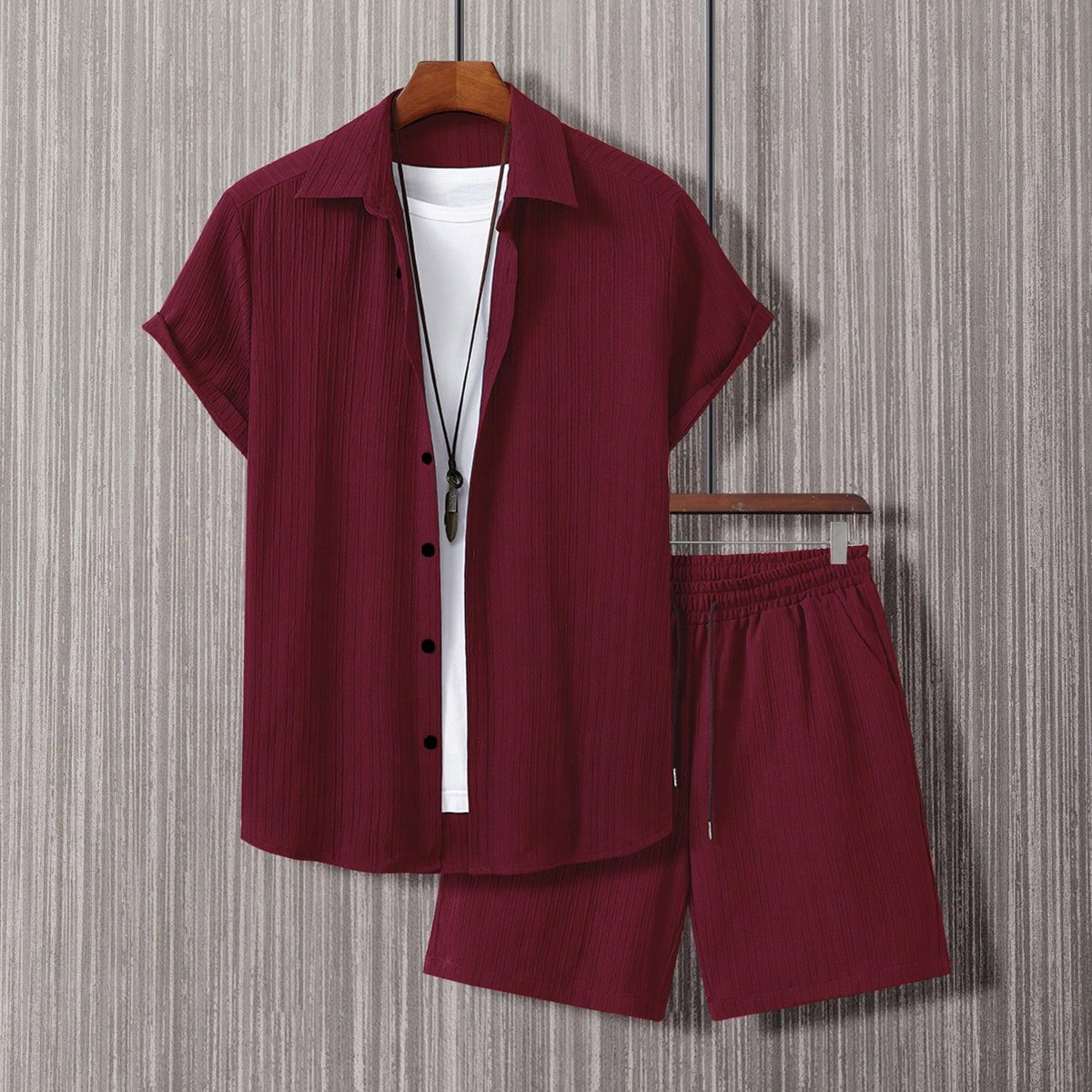 Camisa abotonada de hombre y pantalones cortos con cordón en la cintura sin camiseta, conjuntos cómodos