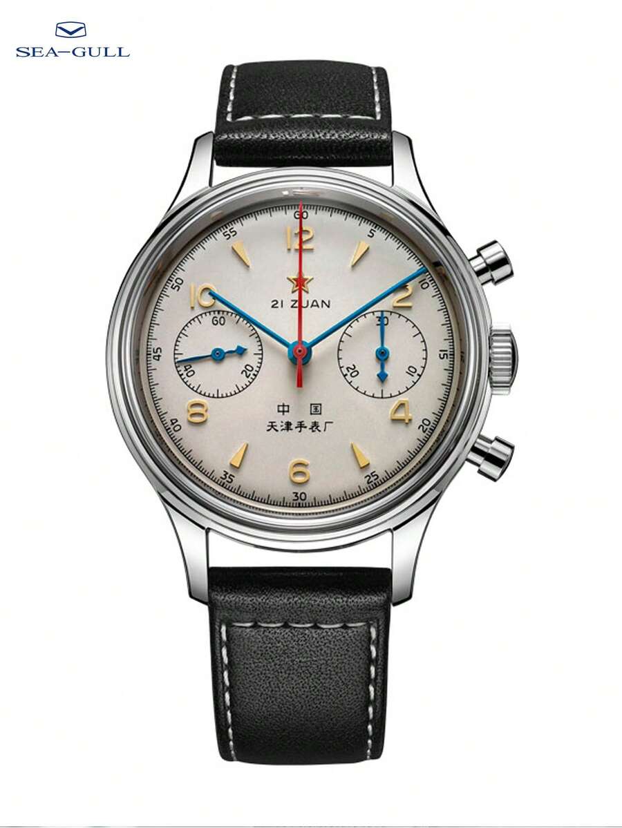 SEA-GULL 1pc Black PU Polyurethane Strap Fashion Water Resistant Chronograph Round Dial Mechanical Watch, For Daily Life - Black - View 1