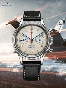 SEA-GULL 1pc Black PU Polyurethane Strap Fashion Water Resistant Chronograph Round Dial Mechanical Watch, For Daily Life - Black - View 3