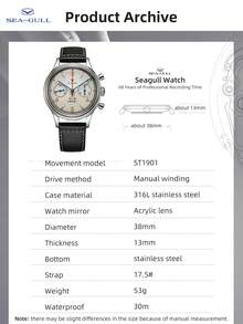 SEA-GULL 1pc Black PU Polyurethane Strap Fashion Water Resistant Chronograph Round Dial Mechanical Watch, For Daily Life - Black - View 4