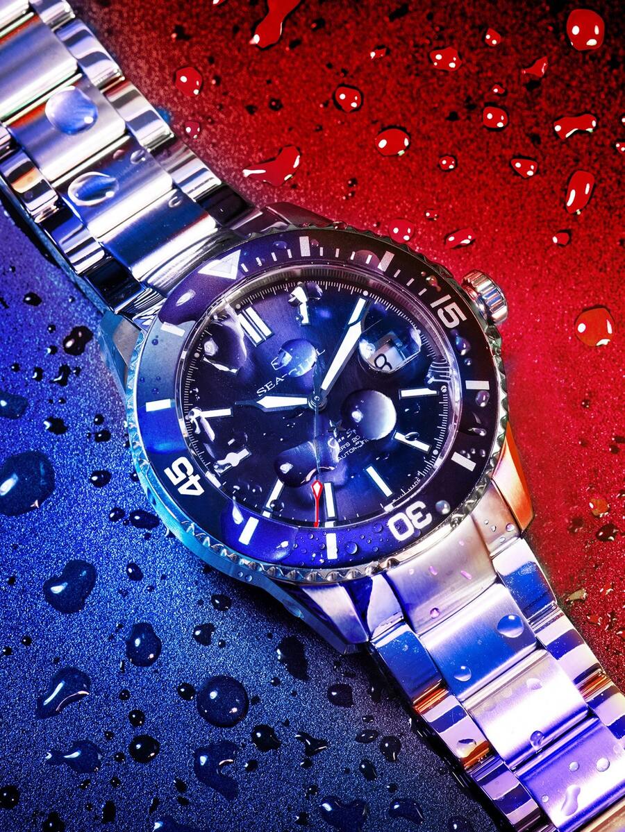 SEA-GULL 1pc Men Silver Stainless Steel Strap Business Water Resistant Round Dial Mechanical Watch, For Daily Life - Blue - View 1