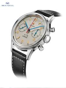 SEA-GULL 1pc Black PU Polyurethane Strap Fashion Water Resistant Chronograph Round Dial Mechanical Watch, For Daily Life - Black - View 5