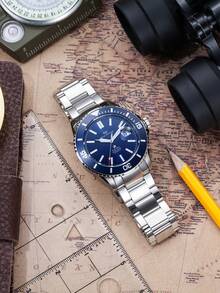 SEA-GULL 1pc Men Silver Stainless Steel Strap Business Water Resistant Round Dial Mechanical Watch, For Daily Life - Blue - View 4