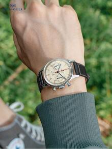 SEA-GULL 1pc Black PU Polyurethane Strap Fashion Water Resistant Chronograph Round Dial Mechanical Watch, For Daily Life - Black - View 8