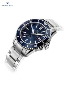 SEA-GULL 1pc Men Silver Stainless Steel Strap Business Water Resistant Round Dial Mechanical Watch, For Daily Life - Blue - View 5